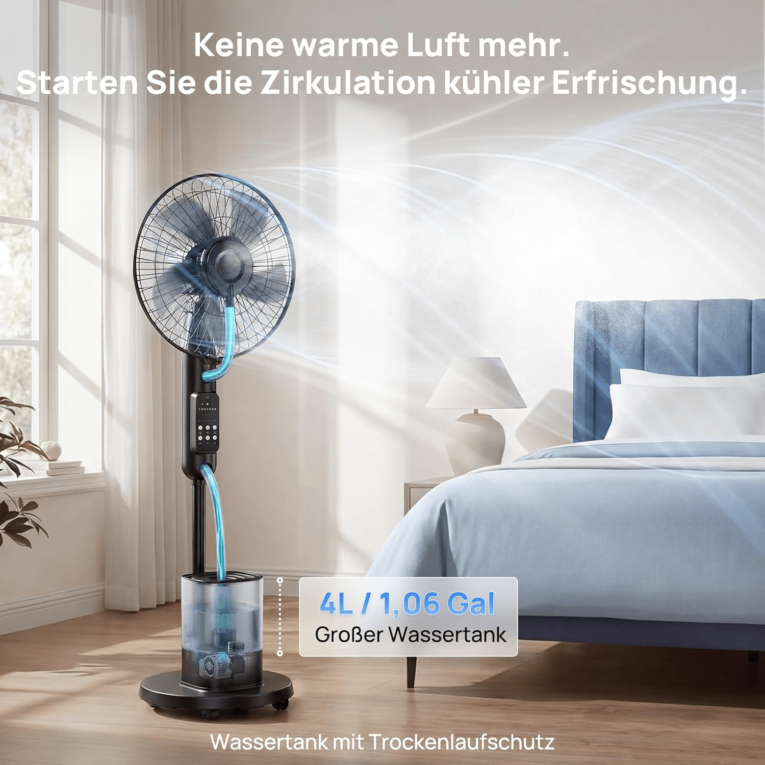 Standventilator mit Wasserkühlung, 2026 Upgrade 4L Wassertank Sprühnebel Ventilator, 7,5H Timer, 5 Geschw&3 Modi, Bodenventilator mit Fernbedienung,für Zuhause, Schlafzimmer, Büro, Terrasse Cowinaudio 